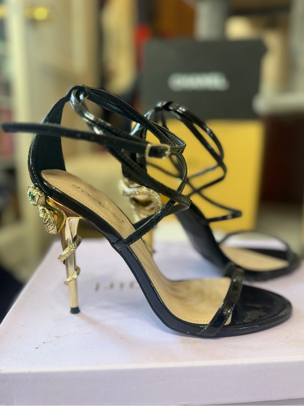 Shoe Dazzle Black Patent Strappy Stiletto Heels